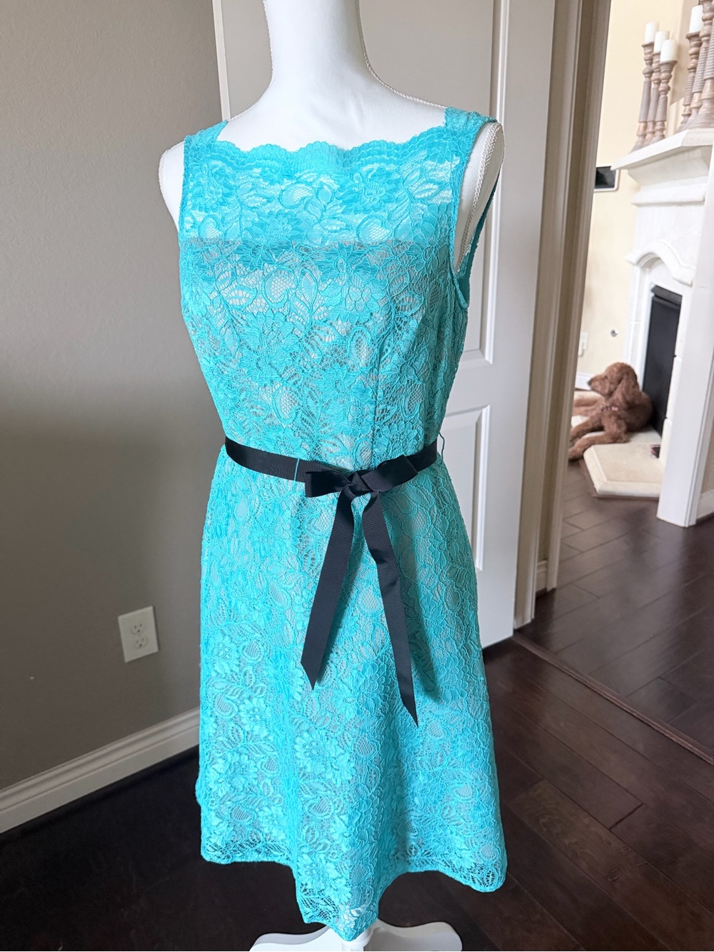 Calvin Klein Turquoise Lace Midi Dress with Black Ribbon